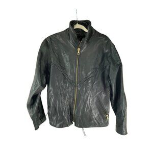 Black Genuine Leather Vintage Jacket With Braided Detail Full Zip Women Size M G